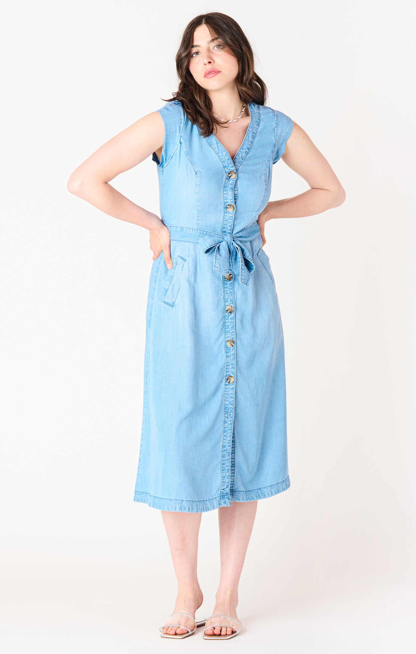 Short Sleeve Button Front Tencel Midi Dress