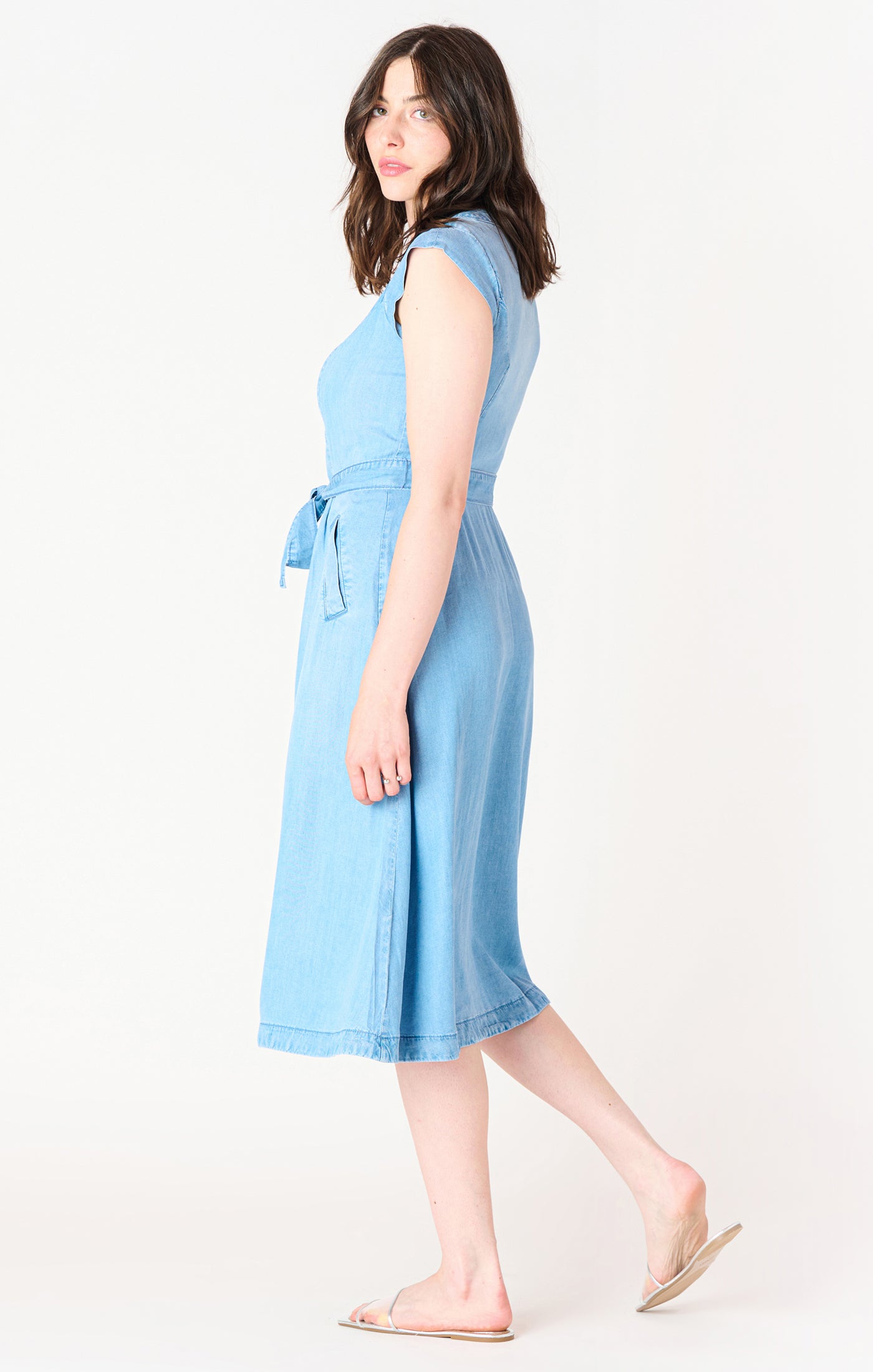 Short Sleeve Button Front Tencel Midi Dress