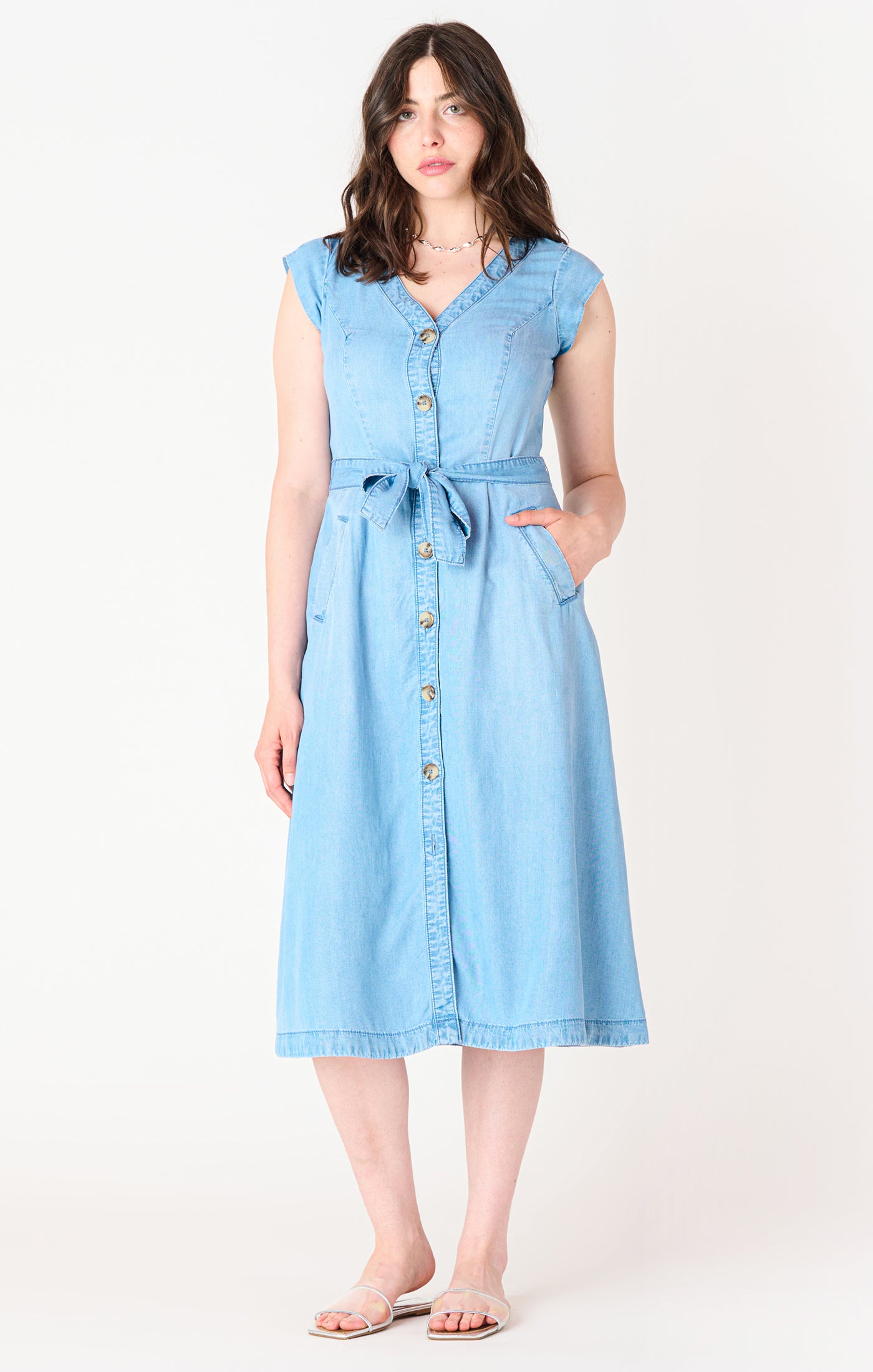 Short Sleeve Button Front Tencel Midi Dress