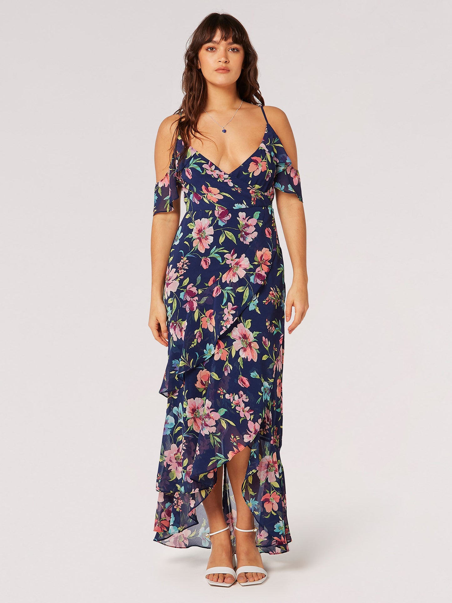 Apricot Watercolour Floral Chiffon Maxi Dress