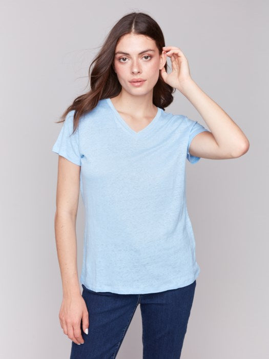 Linen Jersey Knit V-Neck T-Shirt