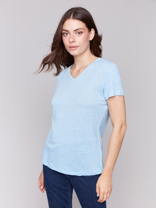 Linen Jersey Knit V-Neck T-Shirt