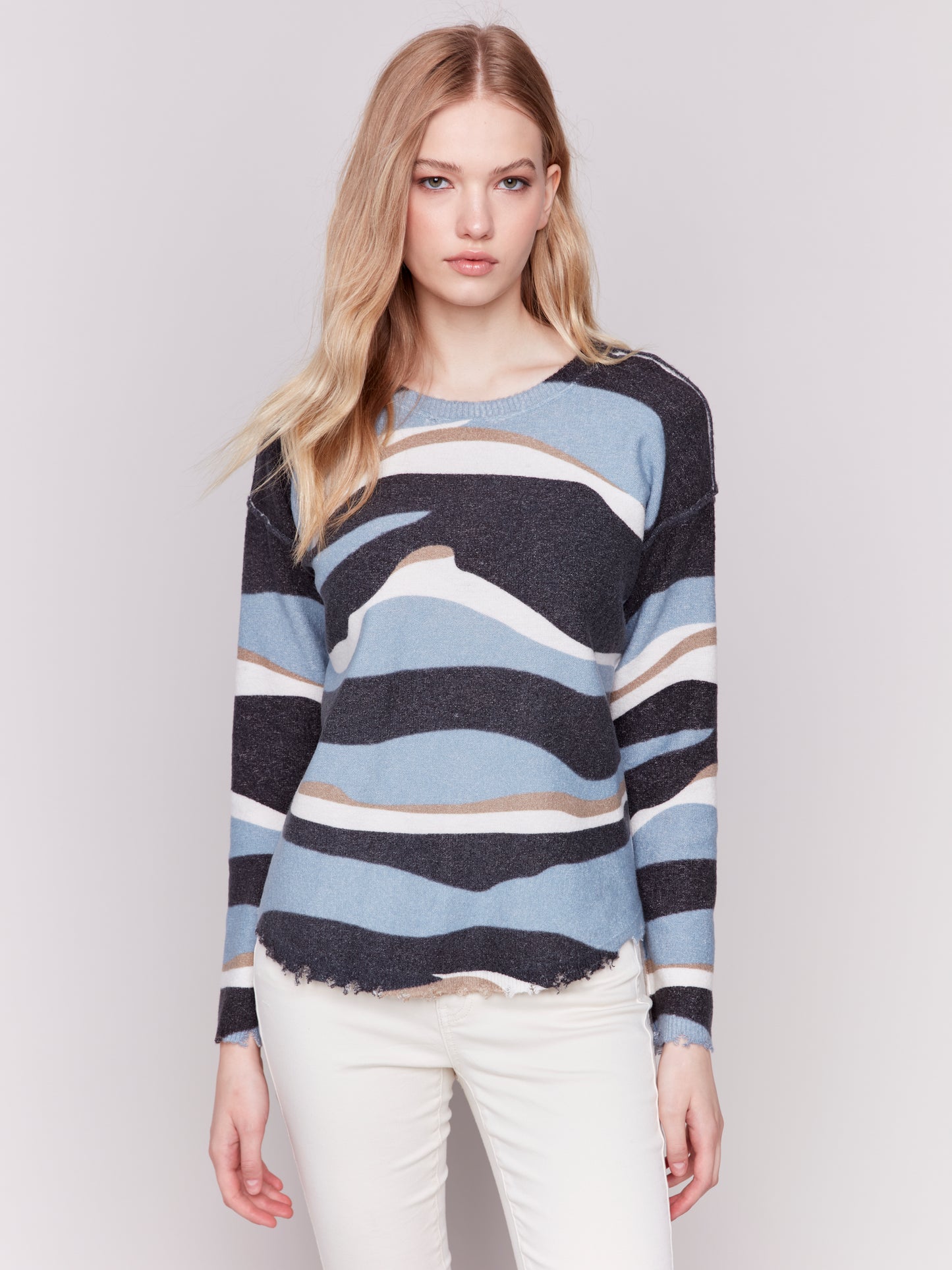 Reversible Printed Plush Sweater with Frayed Edge