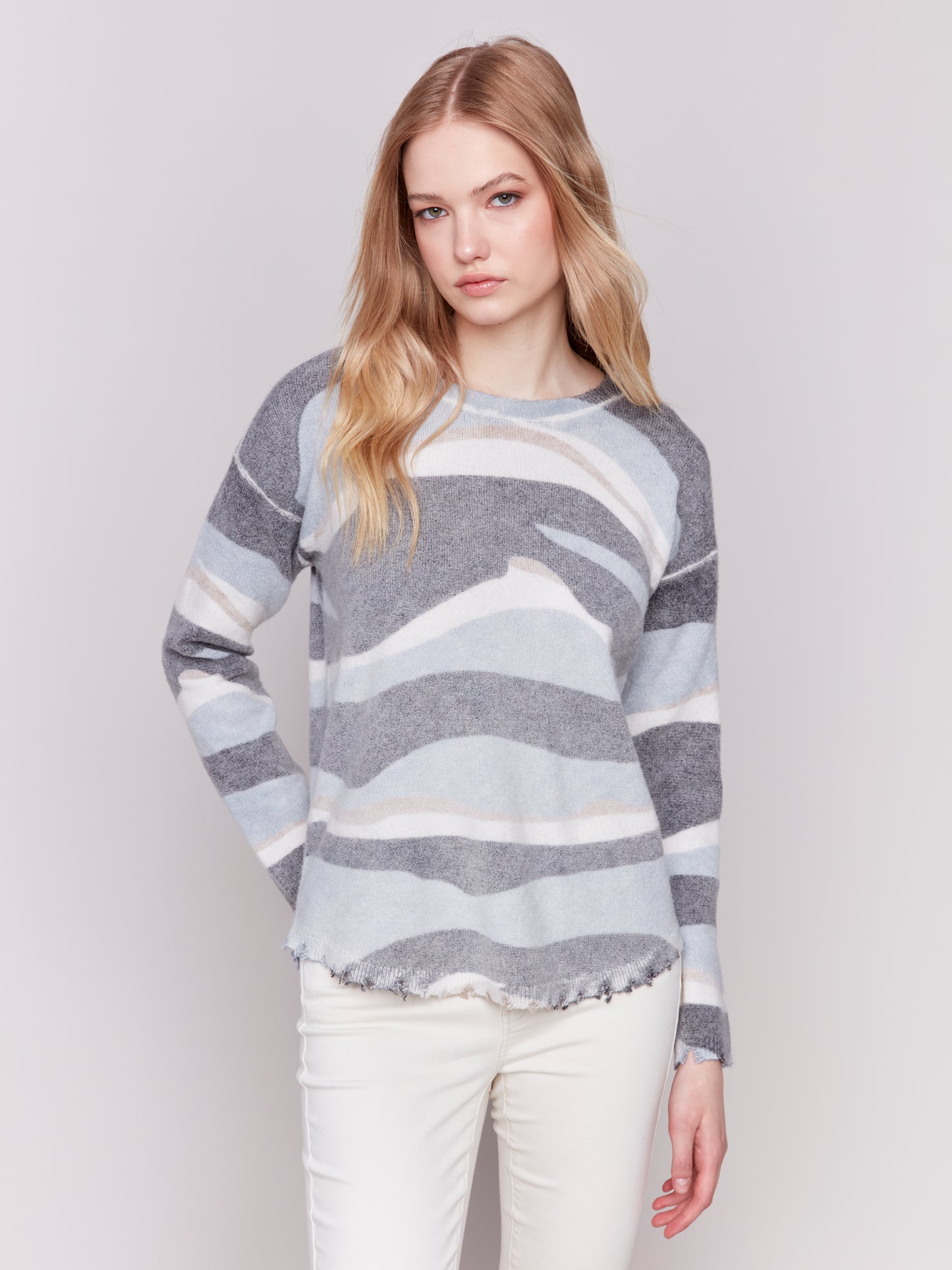 Reversible Printed Plush Sweater with Frayed Edge