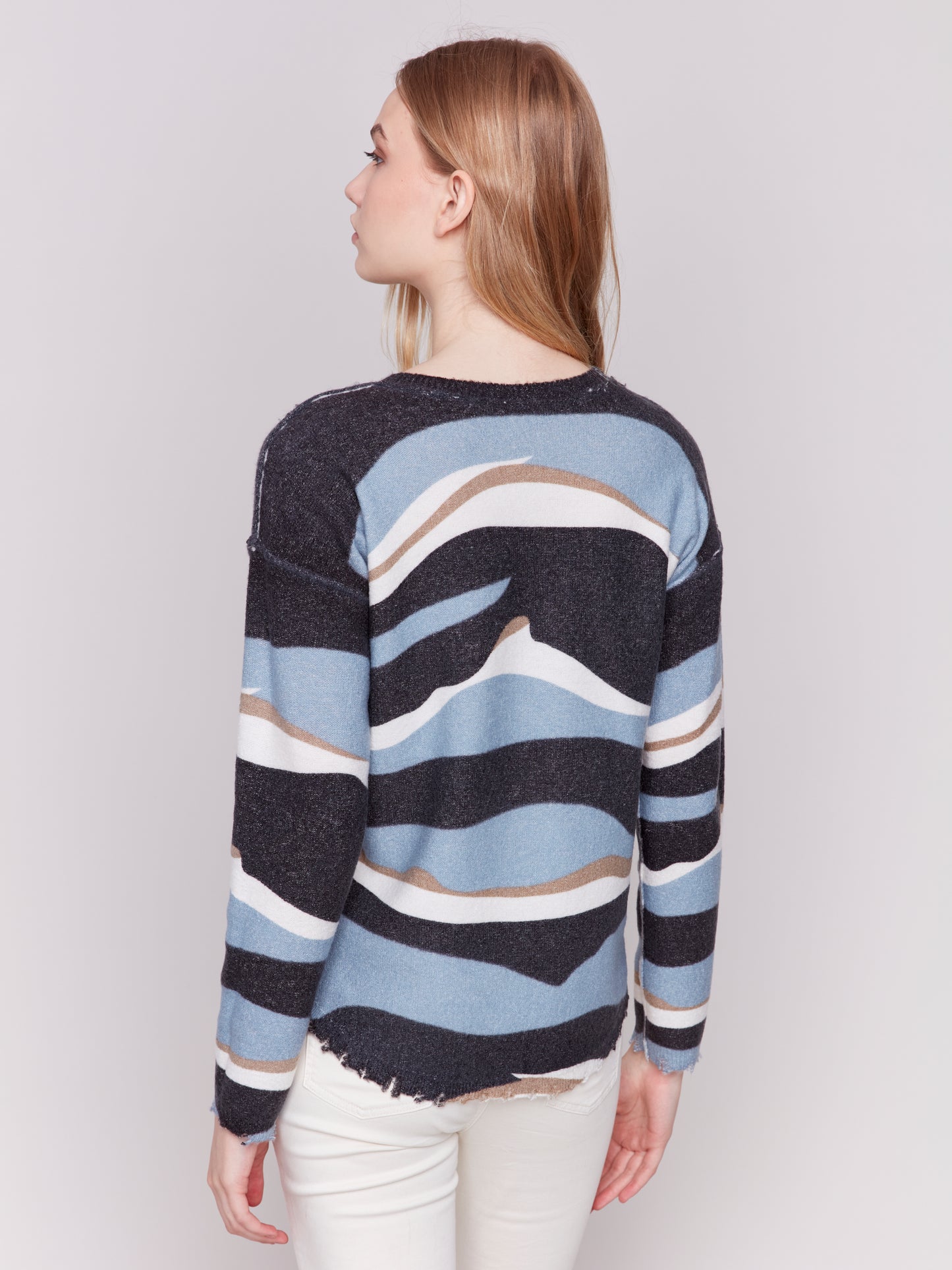 Reversible Printed Plush Sweater with Frayed Edge