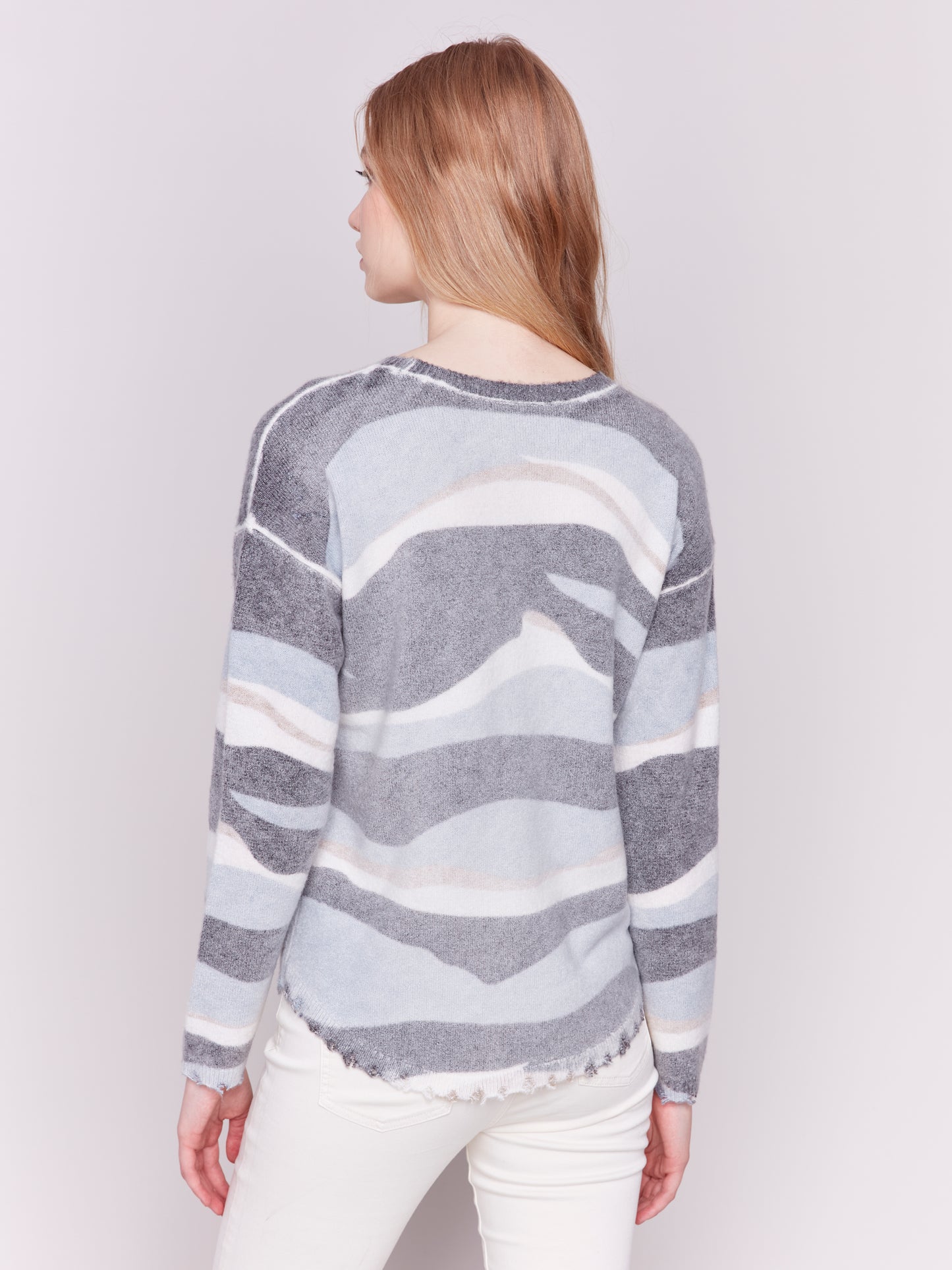 Reversible Printed Plush Sweater with Frayed Edge