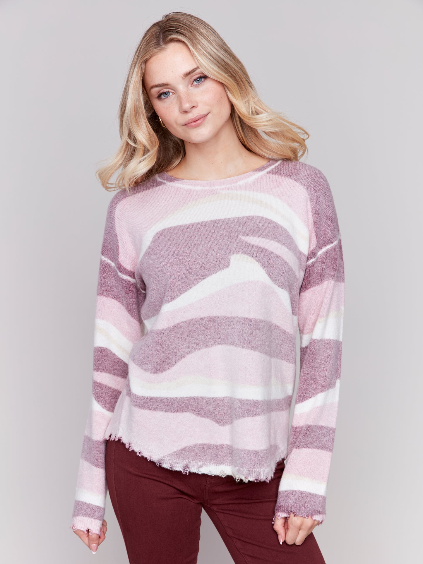 Reversible Printed Plush Sweater with Frayed Edge