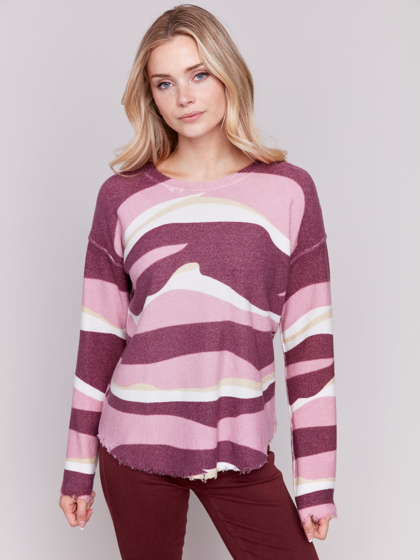 Reversible Printed Plush Sweater with Frayed Edge