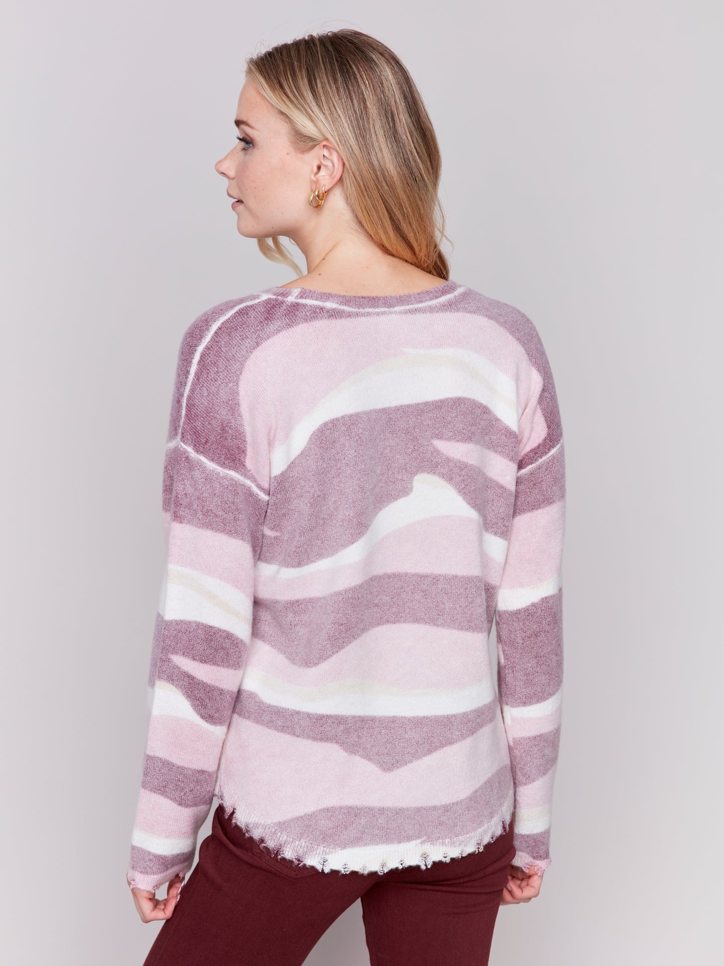 Reversible Printed Plush Sweater with Frayed Edge