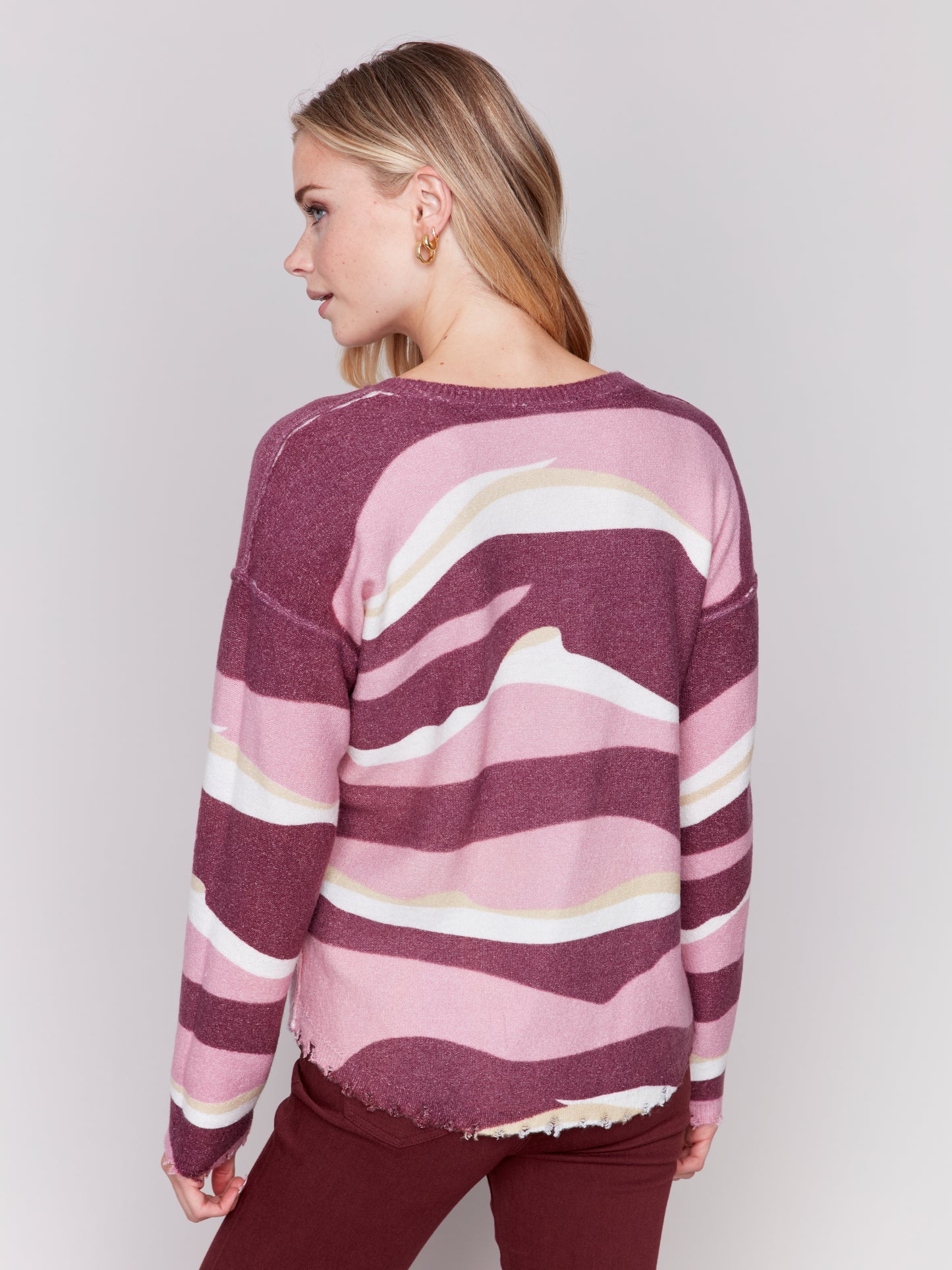 Reversible Printed Plush Sweater with Frayed Edge