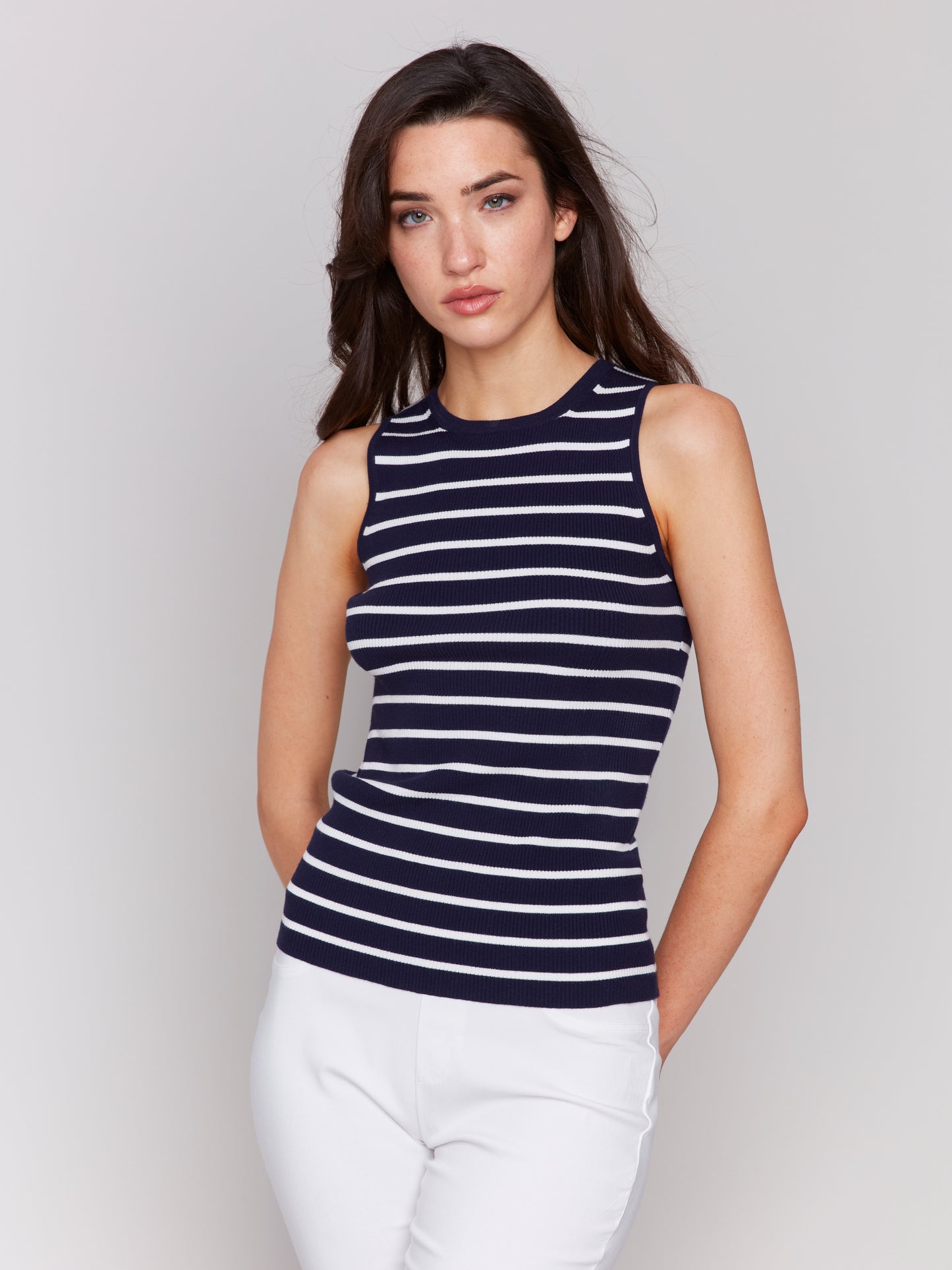 Striped Rib Knit Sleeveless Top