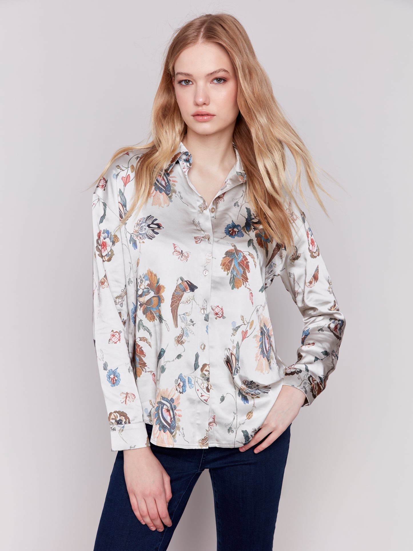 Printed Satin Button-Down Shirt