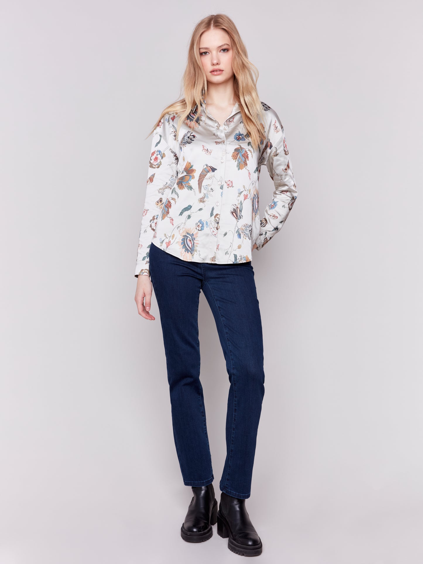 Printed Satin Button-Down Shirt