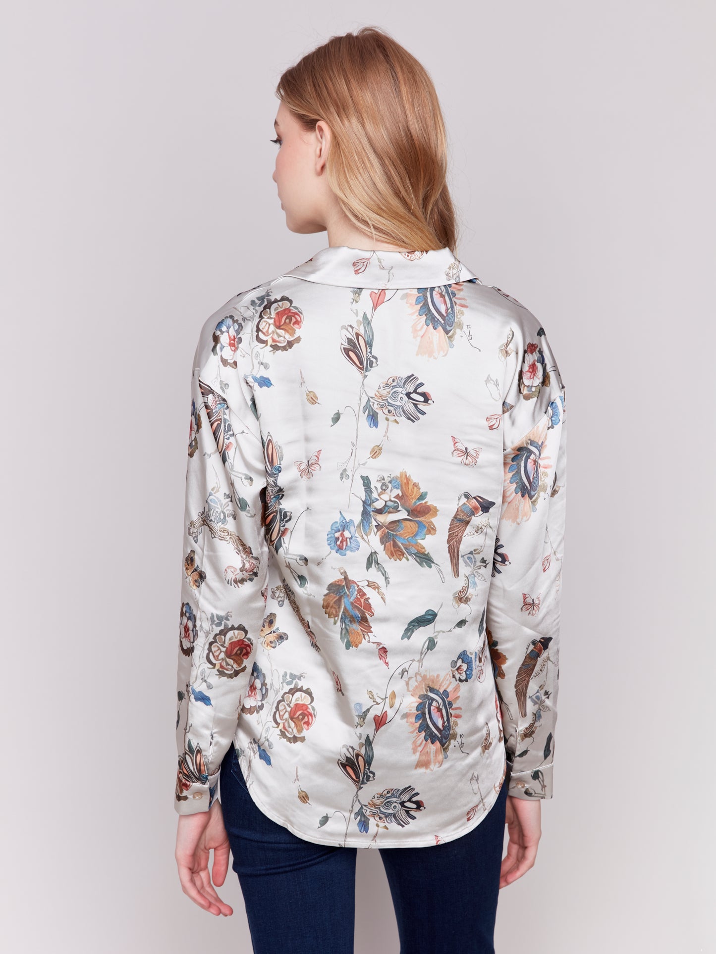 Printed Satin Button-Down Shirt