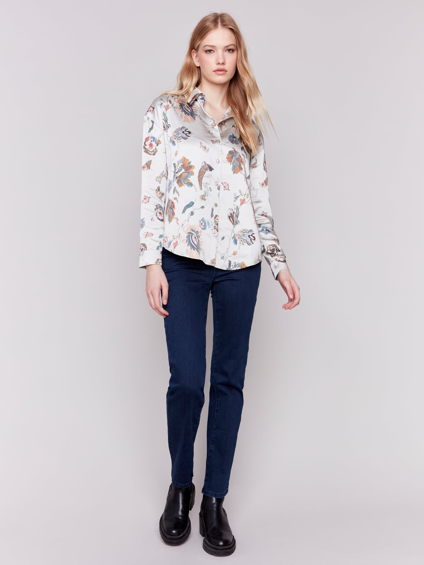 Printed Satin Button-Down Shirt