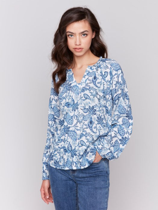 Printed Viscose Long Sleeve Popover Blouse