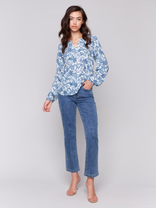 Printed Viscose Long Sleeve Popover Blouse