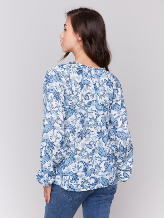 Printed Viscose Long Sleeve Popover Blouse