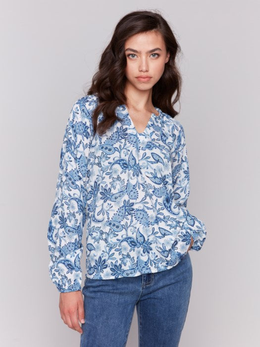 Printed Viscose Long Sleeve Popover Blouse