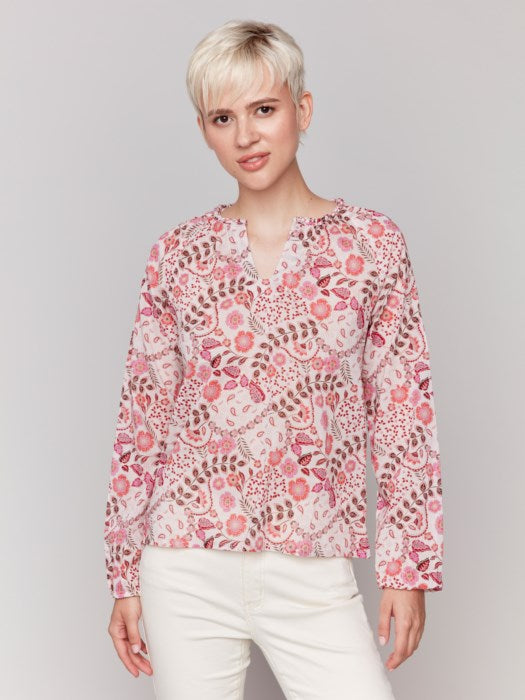 Printed Cotton Long Sleeve Popover Blouse