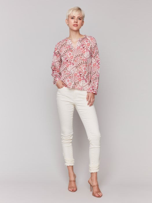 Printed Cotton Long Sleeve Popover Blouse