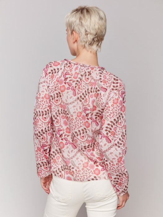 Printed Cotton Long Sleeve Popover Blouse