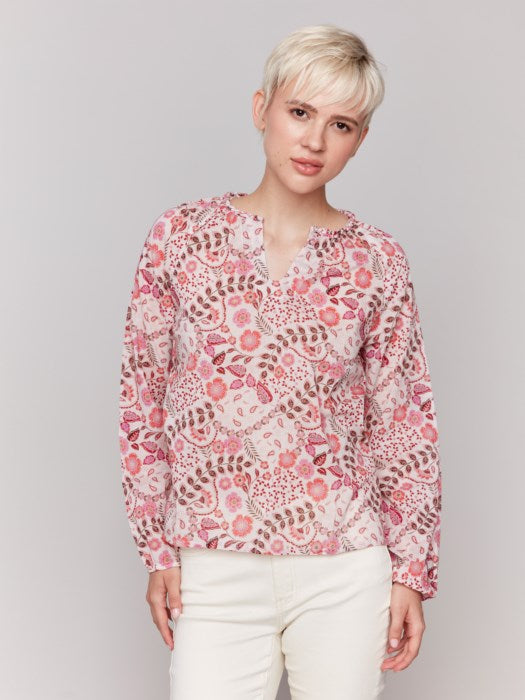 Printed Cotton Long Sleeve Popover Blouse