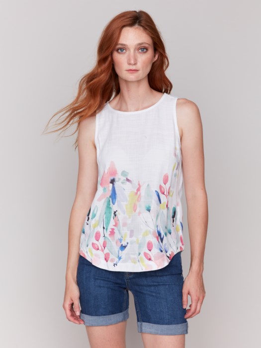 Floral Print Sleeveless Top with Rounded Hem