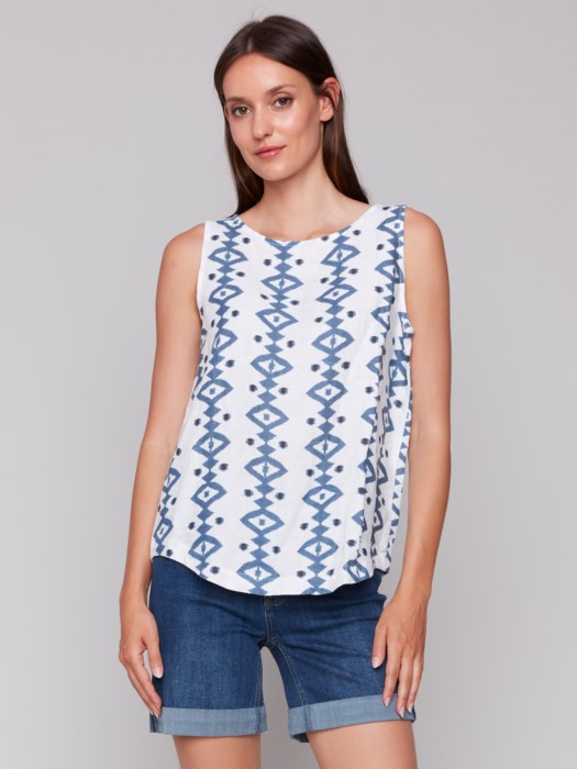 Printed Sleeveless Top with Rounded Hem