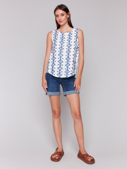 Printed Sleeveless Top with Rounded Hem