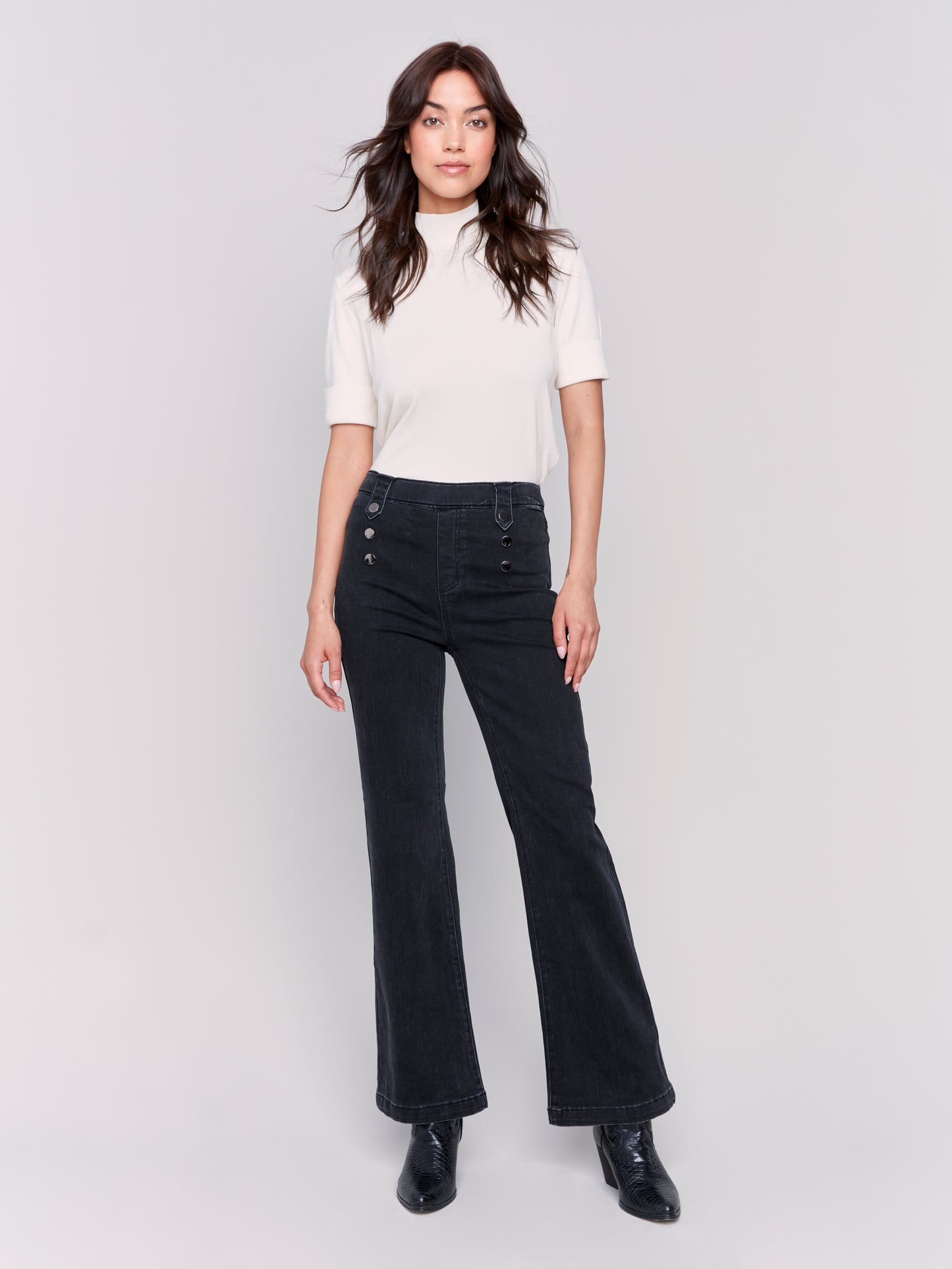 Pull-On Flare Jeans with Front Buttons