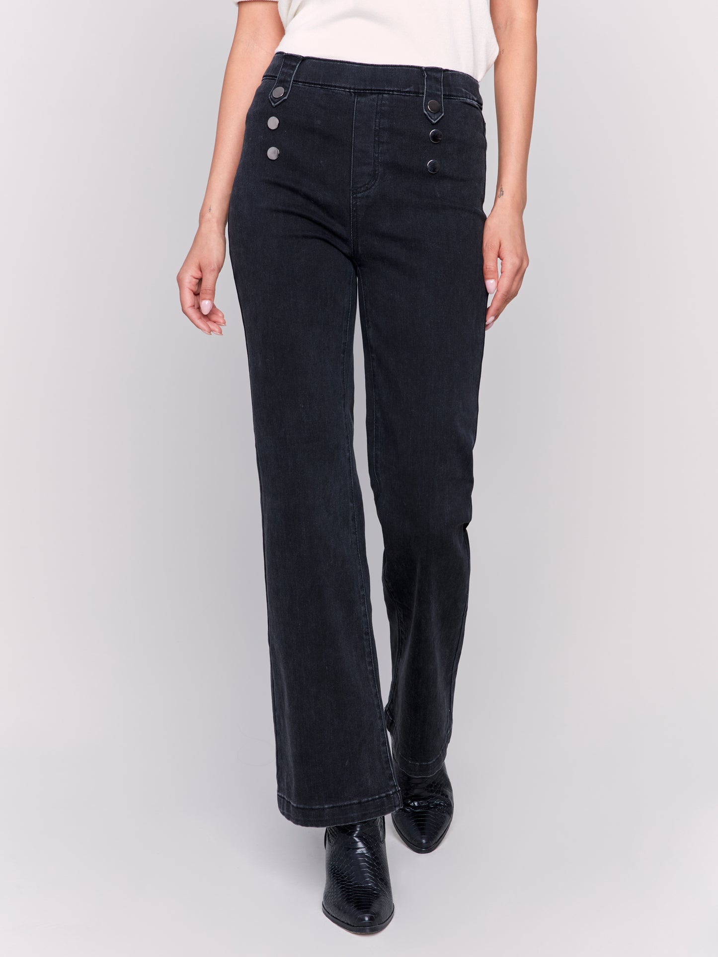 Pull-On Flare Jeans with Front Buttons