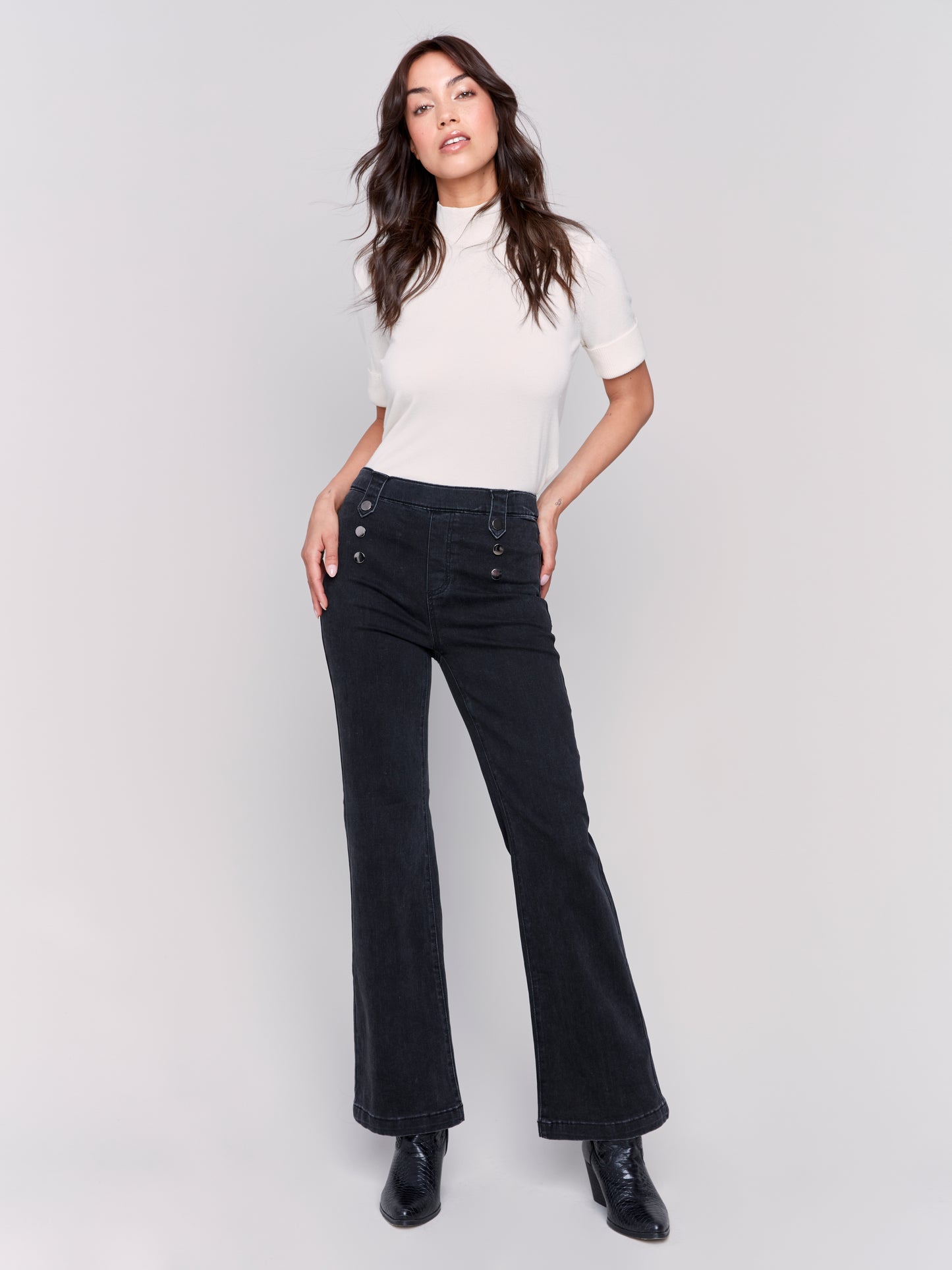 Pull-On Flare Jeans with Front Buttons