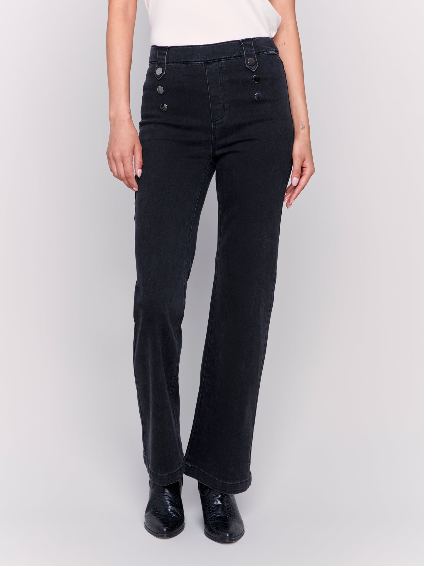 Pull-On Flare Jeans with Front Buttons