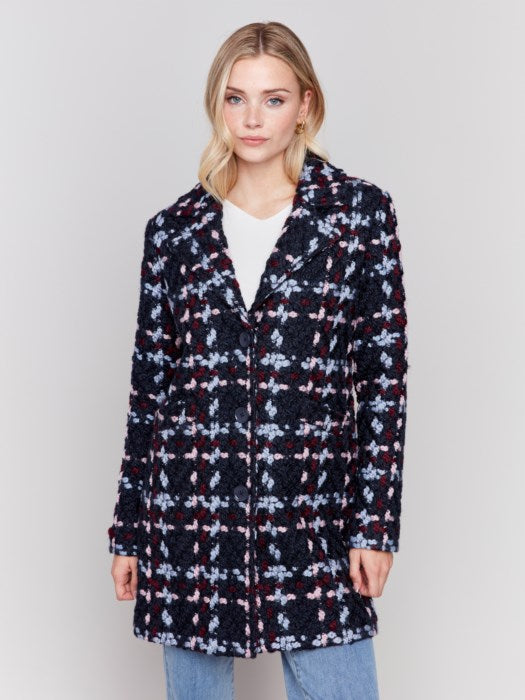 Straight Cut Plaid Bouclé Knit Coat