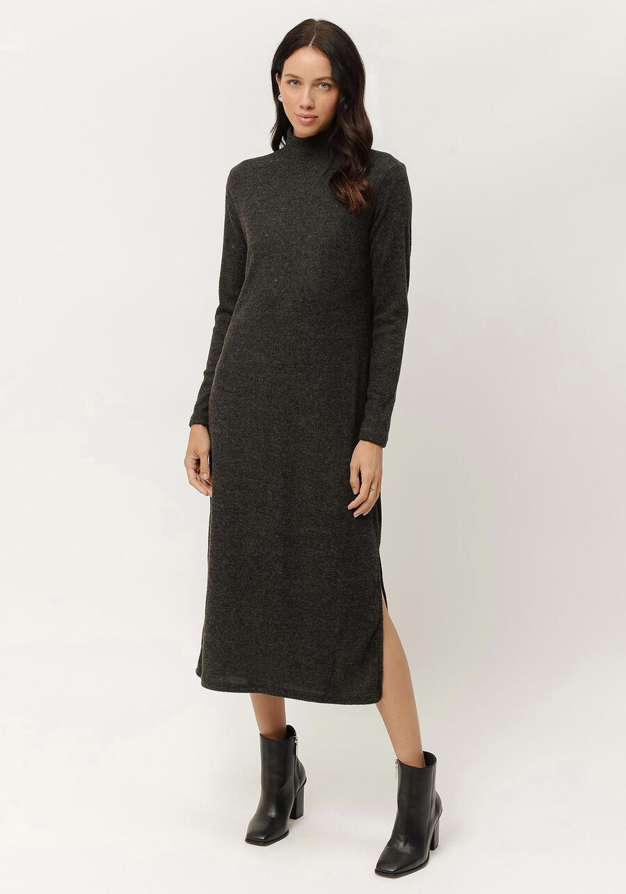 Ribbed Long Sleeve Midi Dress With Collar