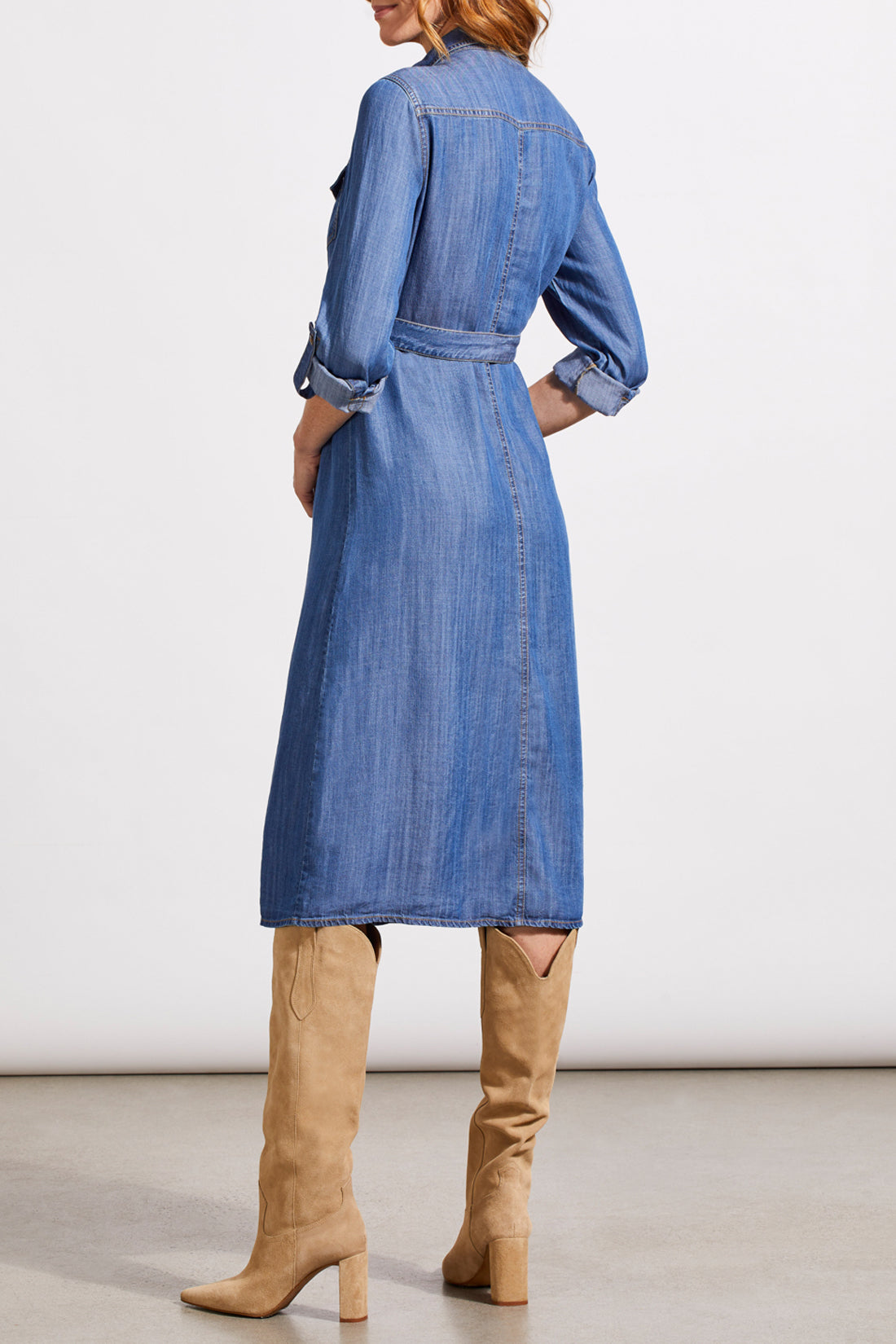 Button Front Midi Dress with Roll Up Sleeve