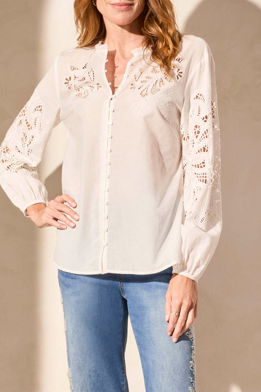 Long Sleeve Blouse with Embroidery Cut Outs